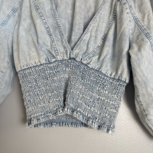 Free People Light Wash Denim Smocked Waist Blouse - Picture 3 of 4